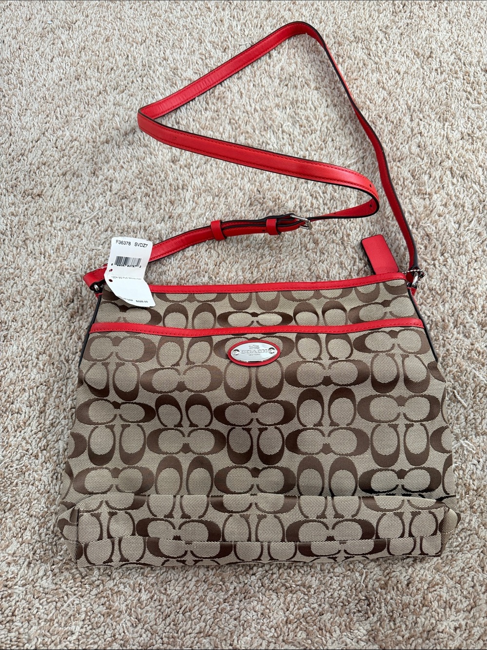 Coach Tan Signature Canvas Crossbody with Red Trim